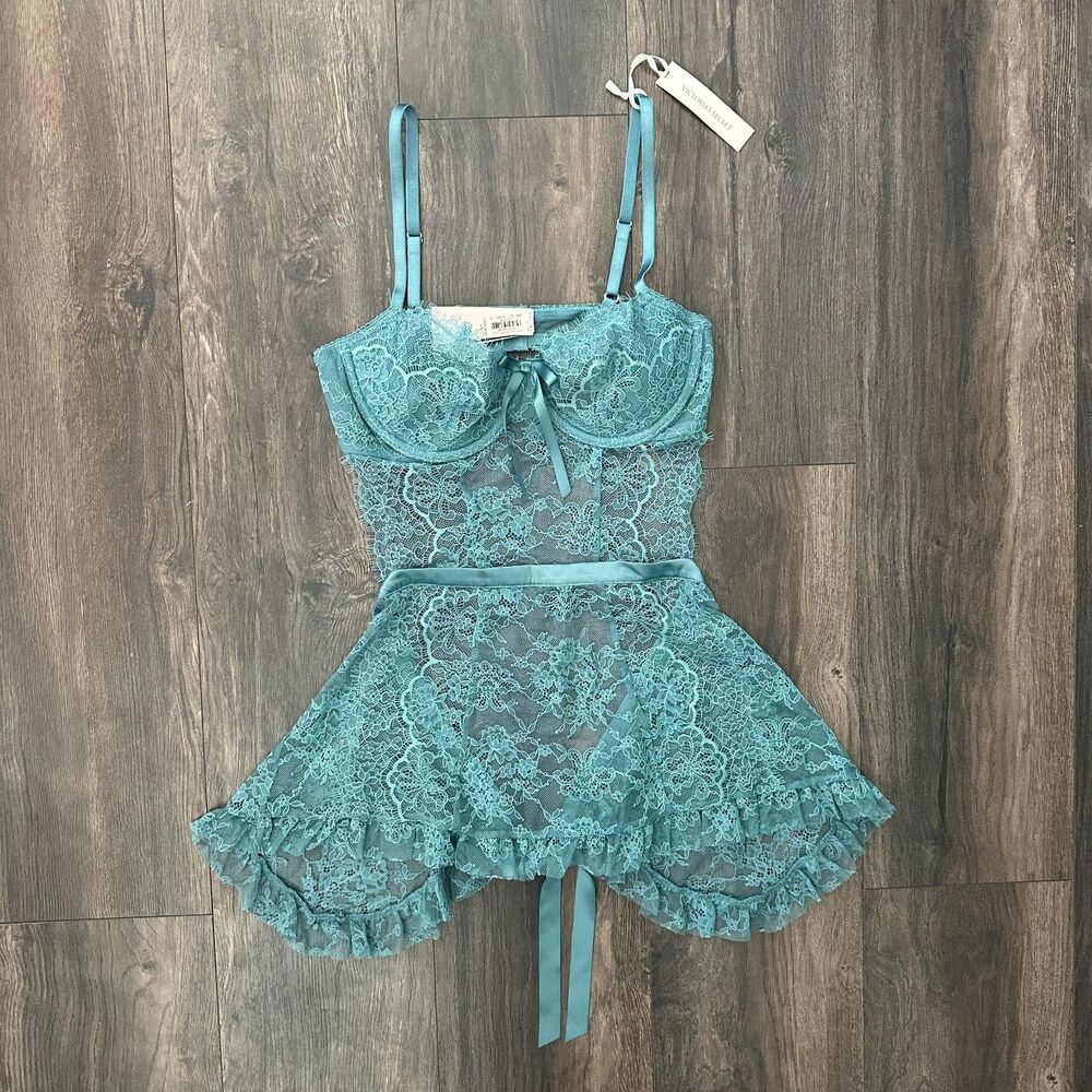 NWT Victoria's Secret Wicked Rose Lace Jade Blue Apron Lingerie Slip Size Large - Picture 4 of 14